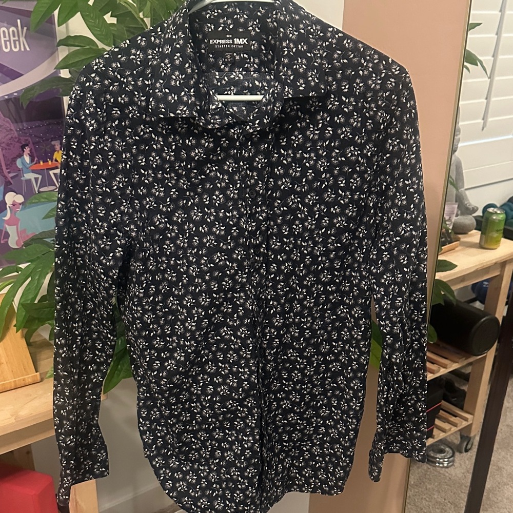 Express Men’s Dark Blue Floral Button-Down Shirt